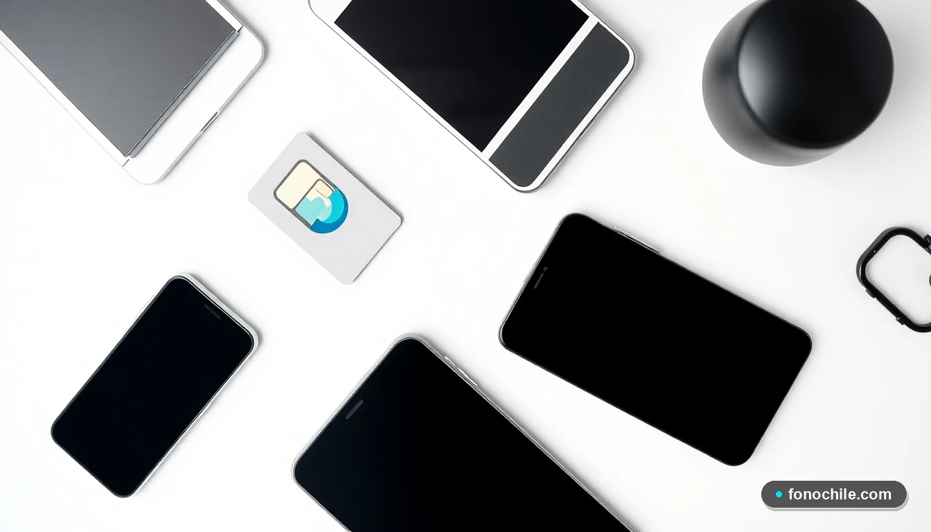 Vista superior plana de un teléfono inteligente y una bandeja para tarjeta SIM sobre una mesa, representando conceptos de gestión de datos móviles.