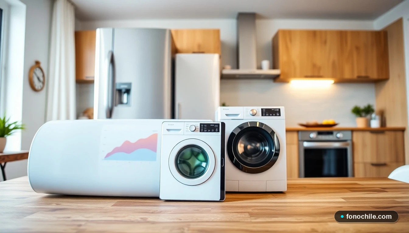 Electrodomésticos eficientes en una cocina moderna con gráfico de ahorro energético en tablet