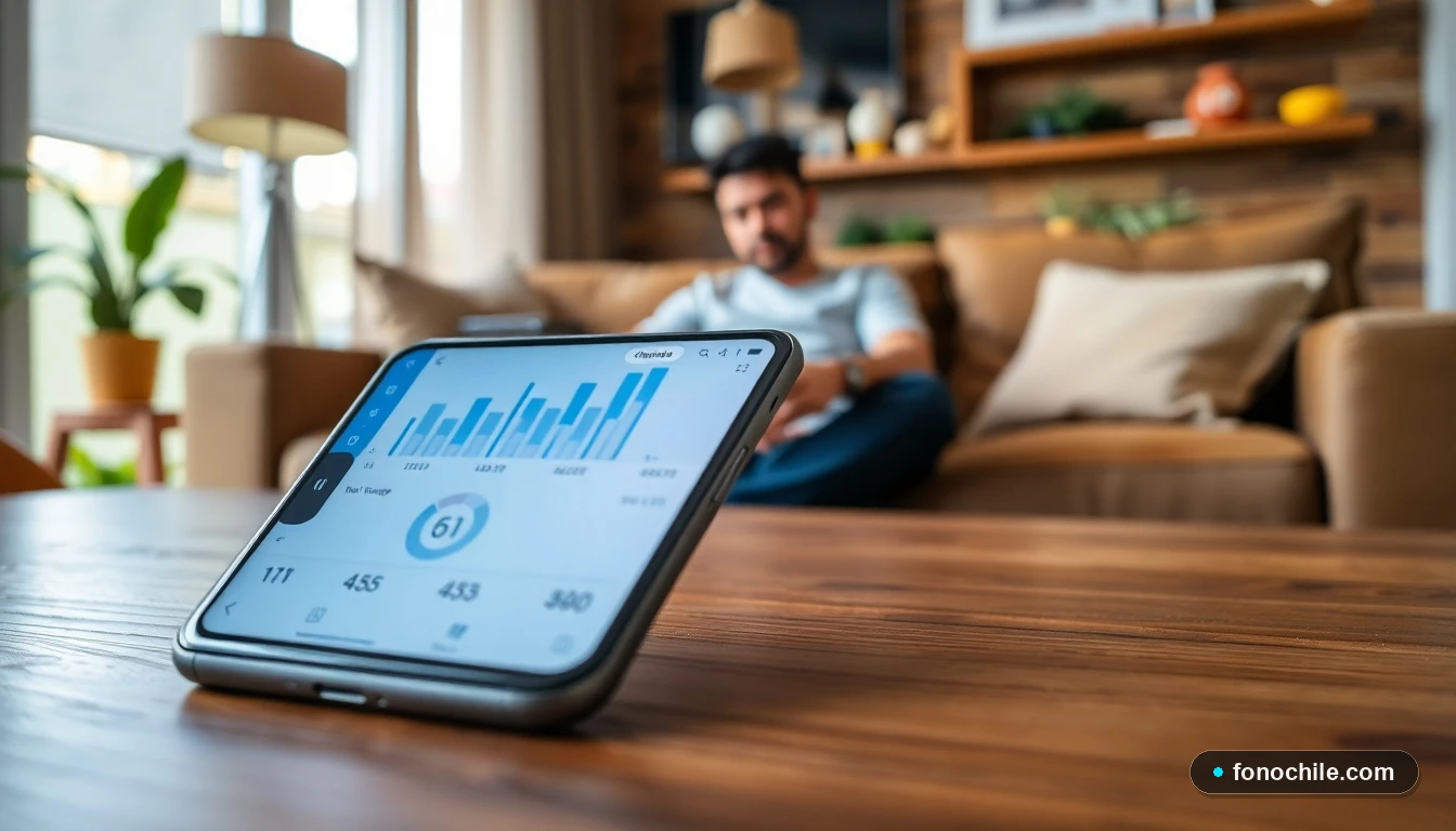 Smartphone mostrando gráficos abstractos de consumo de datos móviles en un entorno hogareño en Chile.
