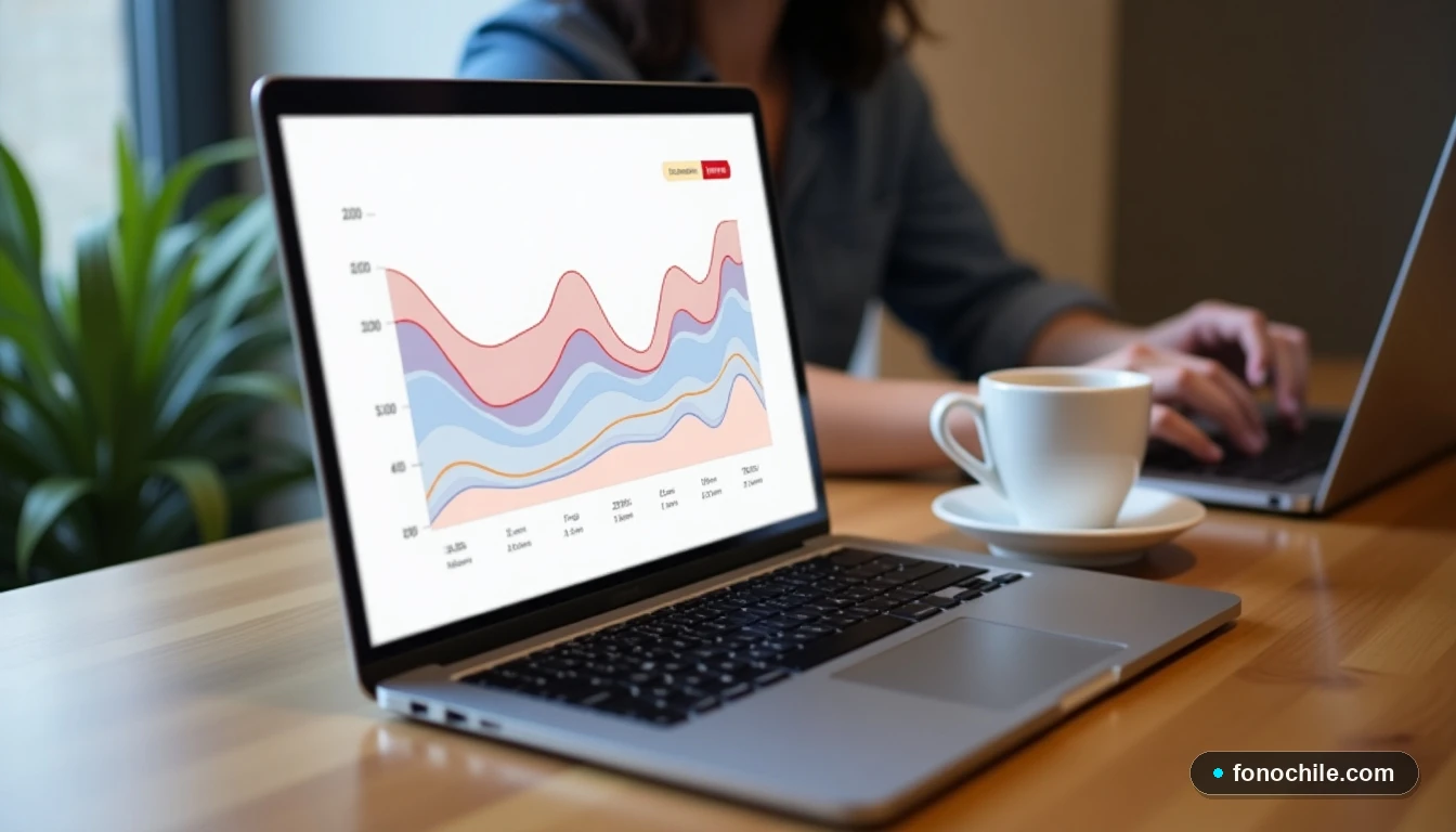 Gráficos abstractos de ahorro en suscripciones de streaming mostrados en una laptop en un escritorio moderno