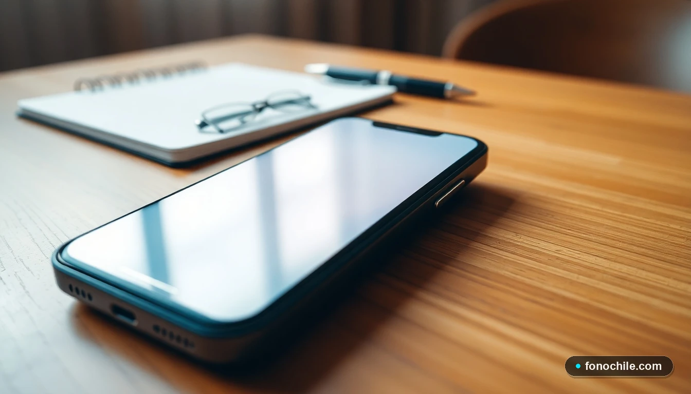 Ángulo bajo de un teléfono inteligente en una mesa, con una interfaz genérica en pantalla, junto a elementos de escritura desenfocados.