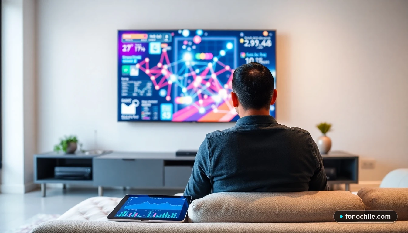 Persona en su living en Chile viendo gráficos de comparación de servicios de televisión y streaming en una pantalla plana moderna.