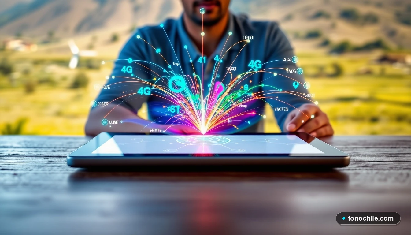 Visualización abstracta de datos de conectividad rural mostrando diferentes tecnologías de internet en un entorno campestre chileno.