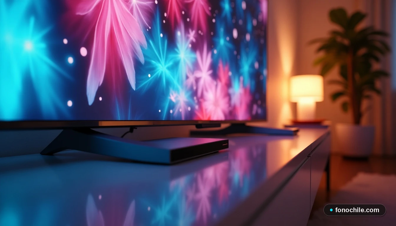 Primer plano del televisor inteligente en una sala de estar moderna, con reflejos de luz ambiental.