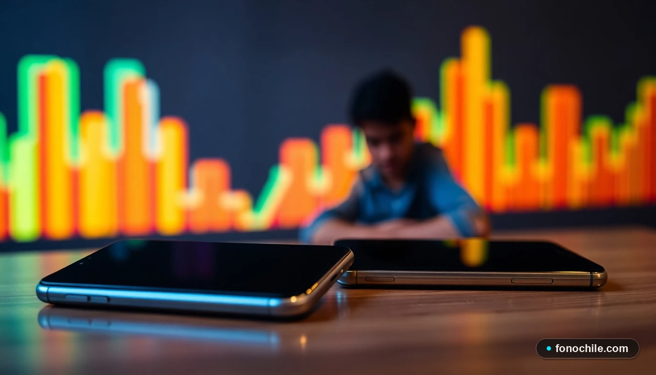 Gráfico abstracto de comparación de velocidades de red 5G entre dos sistemas operativos móviles, con teléfonos inteligentes modernos sobre una mesa.