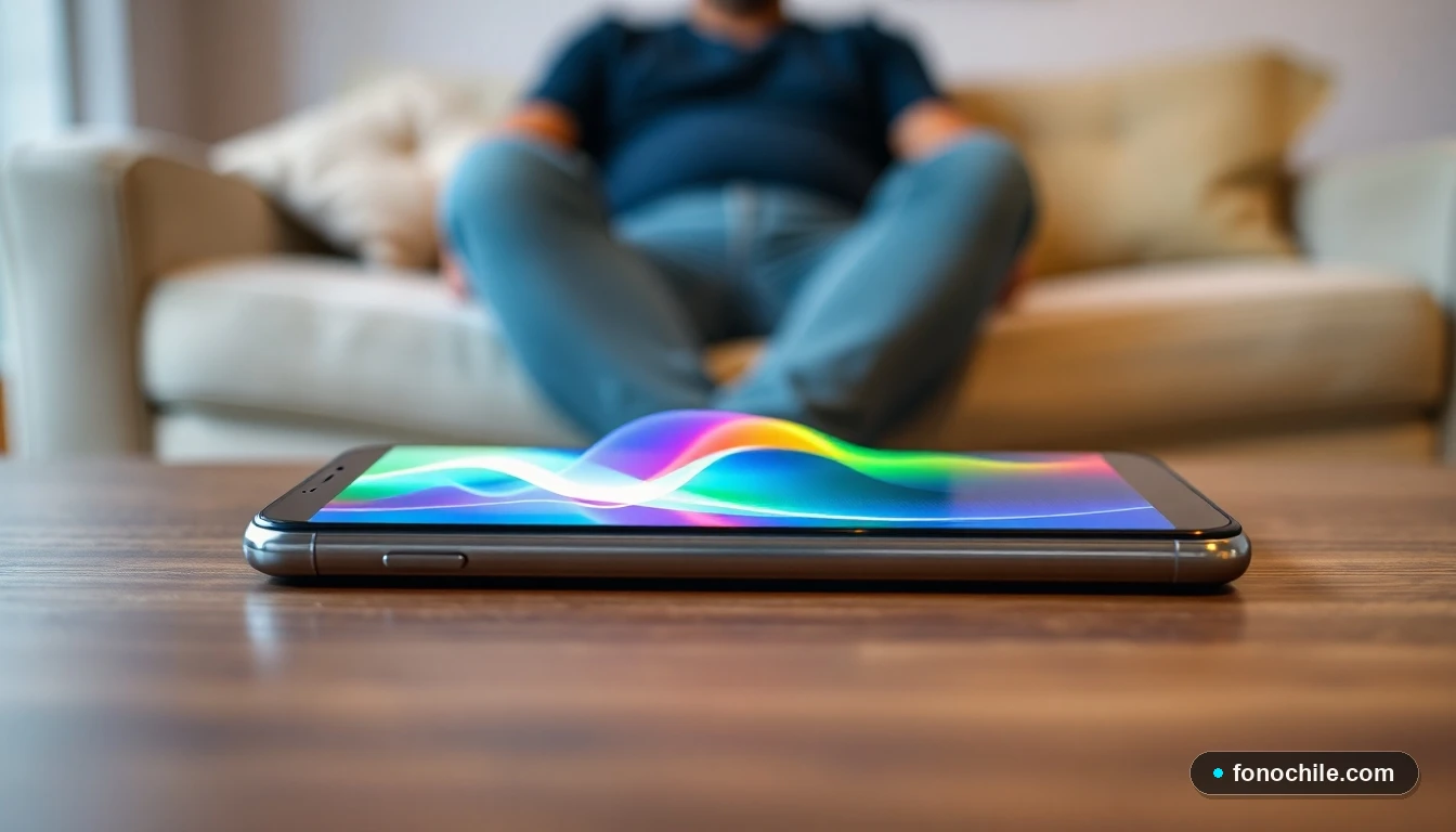 Smartphone mostrando un gráfico abstracto de intensidad de señal de red móvil en colores vibrantes.