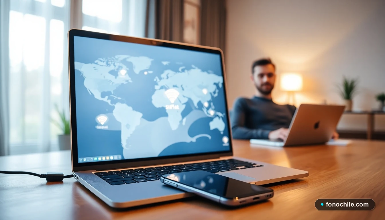 Dispositivos mostrando un mapa abstracto de cobertura de señal móvil en un entorno doméstico moderno.