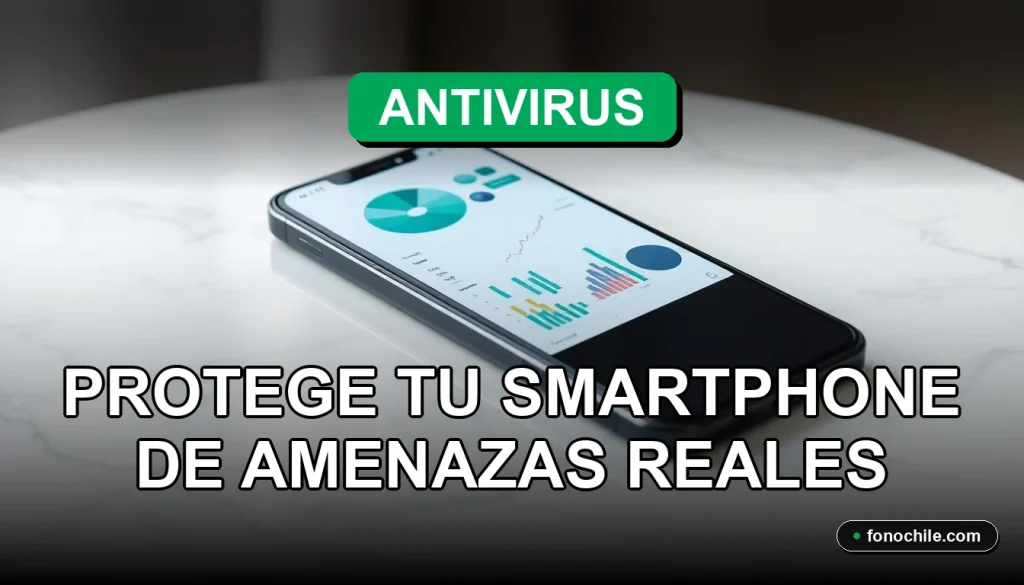 Aplicación de antivirus móvil en un smartphone moderno mostrando gráficos abstractos de seguridad, sobre fondo minimalista.