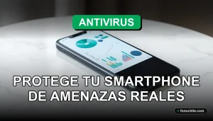 Aplicación de antivirus móvil en un smartphone moderno mostrando gráficos abstractos de seguridad, sobre fondo minimalista.