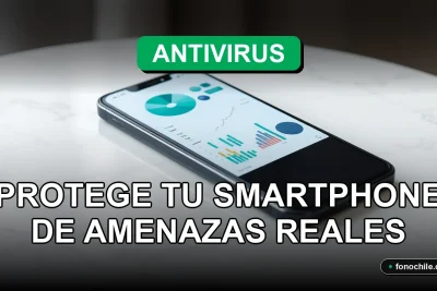 Aplicación de antivirus móvil en un smartphone moderno mostrando gráficos abstractos de seguridad, sobre fondo minimalista.