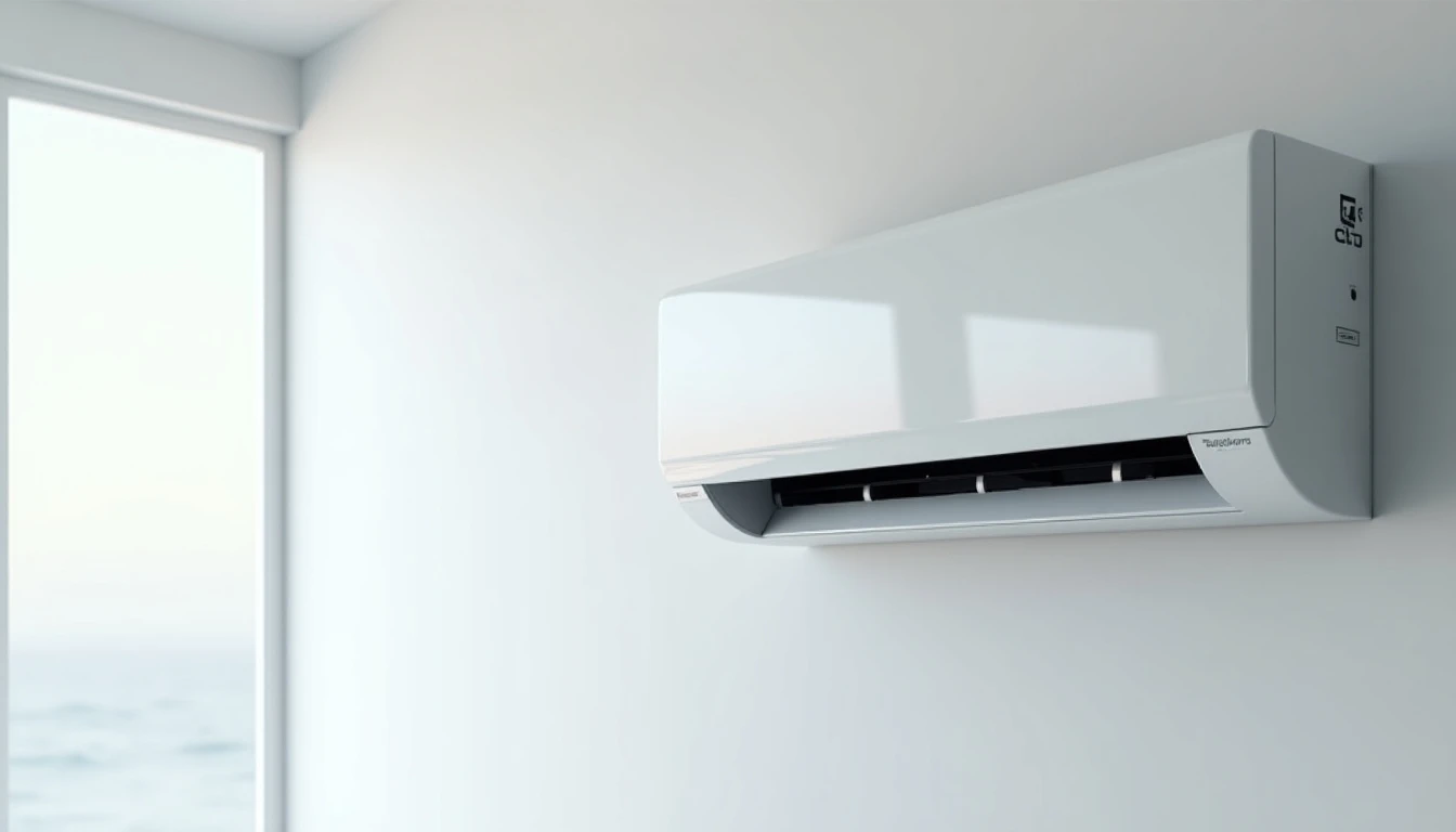 Sistema de climatización moderno de Anwo instalado en una pared blanca.