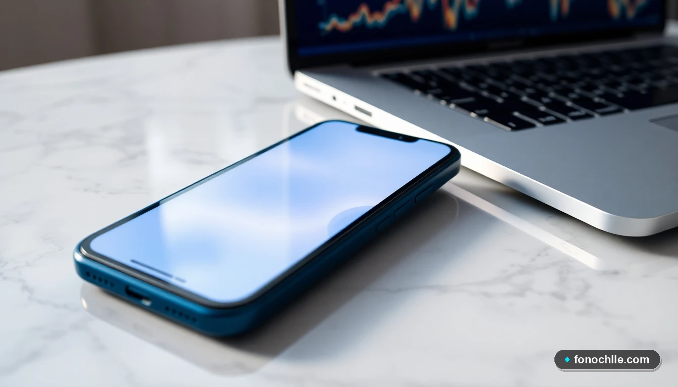 Primer plano detallado de un teléfono y un portátil modernos en una superficie de mármol, con pantallas que muestran interfaces de colores, simbolizando la tecnología de soporte de Anwo Climatización.