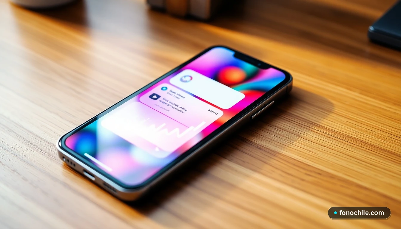 Smartphone mostrando una interfaz abstracta y colorida de aplicaciones de correo electrónico móvil en 2026.
