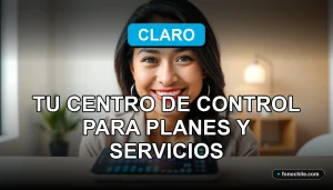 Una mujer latina sonríe con confianza mientras usa la aplicación Claro en su teléfono inteligente, que descansa sobre una mesa de madera clara.