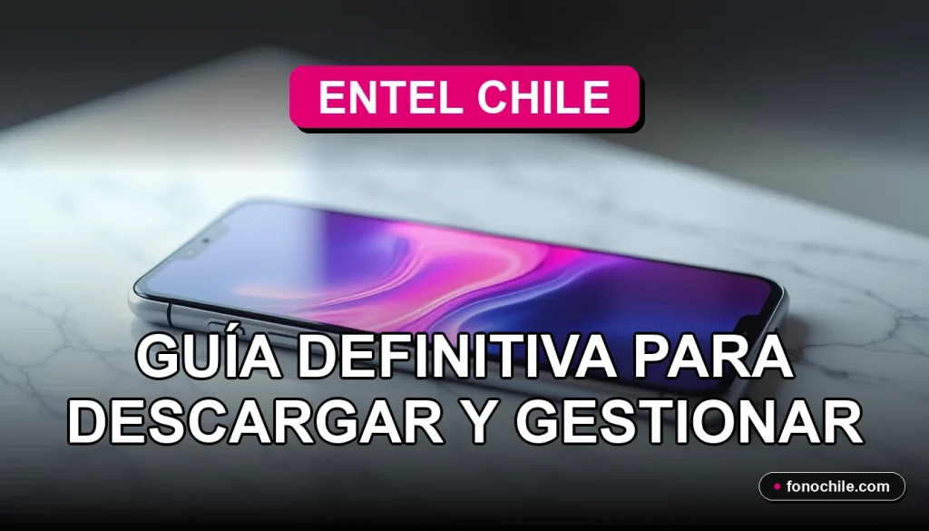 Aplicación móvil Entel Chile mostrando gráficos abstractos en un teléfono inteligente moderno, sobre una mesa de trabajo minimalista.