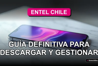 Aplicación móvil Entel Chile mostrando gráficos abstractos en un teléfono inteligente moderno, sobre una mesa de trabajo minimalista.