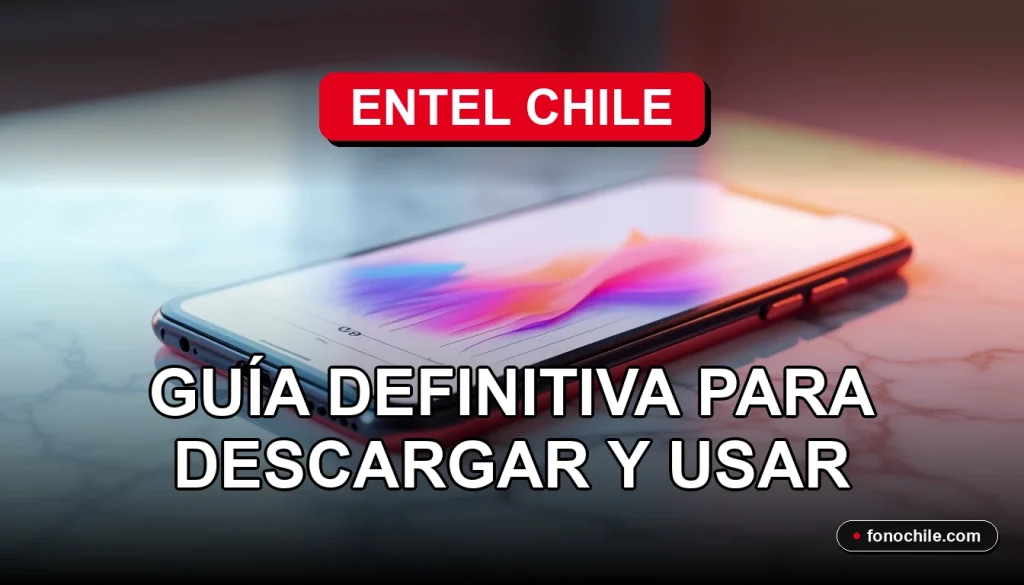 A modern smartphone rests on a clean white table, its screen displaying abstract colorful graphs, representing the Entel Chile app interface.
