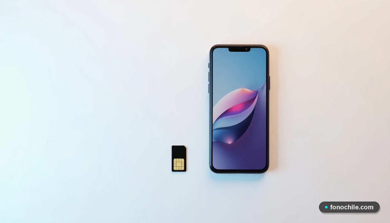 Vista superior de un smartphone y una tarjeta SIM nano sobre una mesa, mostrando una interfaz genérica de colores suaves.