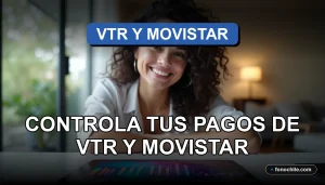 Una mujer latina sonríe mientras usa la aplicación App Gestion Facturas 2026 en su teléfono para controlar sus pagos de VTR y Movistar.