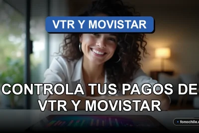 Una mujer latina sonríe mientras usa la aplicación App Gestion Facturas 2026 en su teléfono para controlar sus pagos de VTR y Movistar.