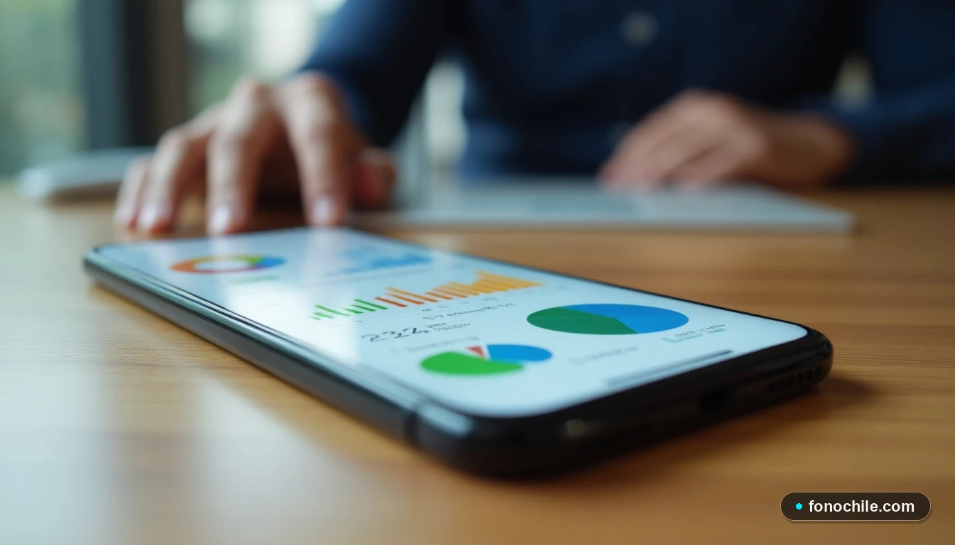 Pantalla de una aplicación de gestión de facturas mostrando gráficos abstractos de consumo y gastos en colores vibrantes.