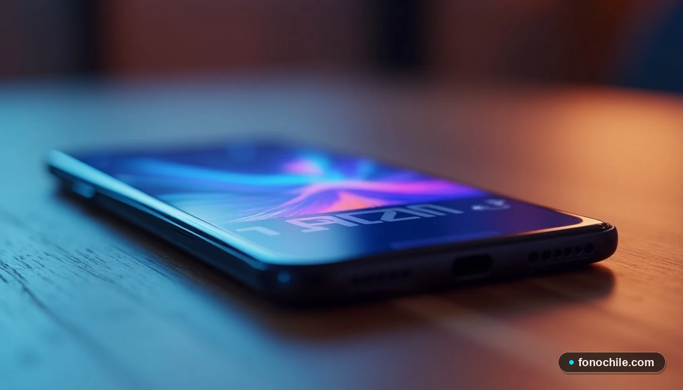 Primer plano dinámico de un teléfono inteligente con la aplicación Mi Claro abierta, mostrando visualizaciones de datos abstractas en tonos azules y morados.