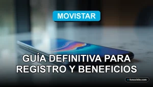 Aplicación Mi Movistar en un teléfono inteligente moderno mostrando gráficos abstractos, sobre una mesa de diseño.