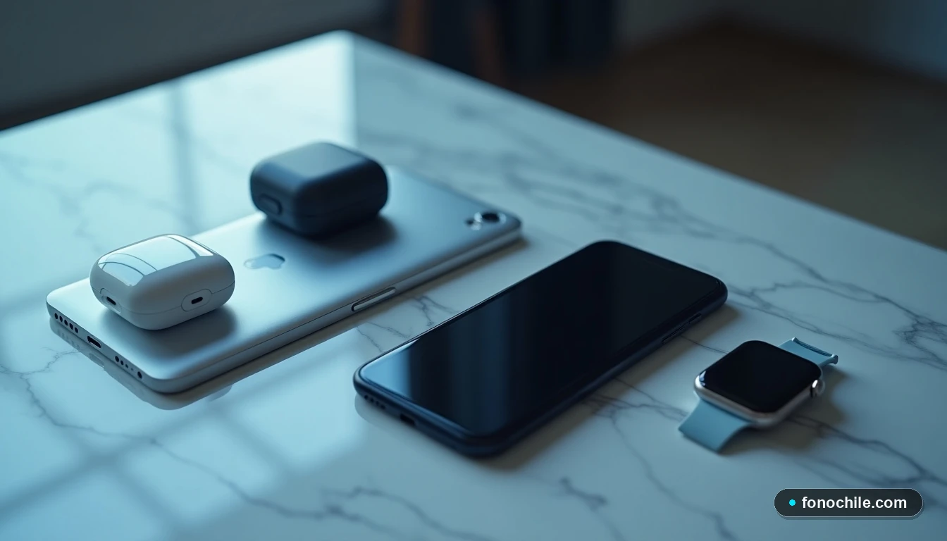Dispositivos tecnológicos modernos, incluyendo un teléfono, reloj inteligente y auriculares, organizados sobre una mesa de mármol.
