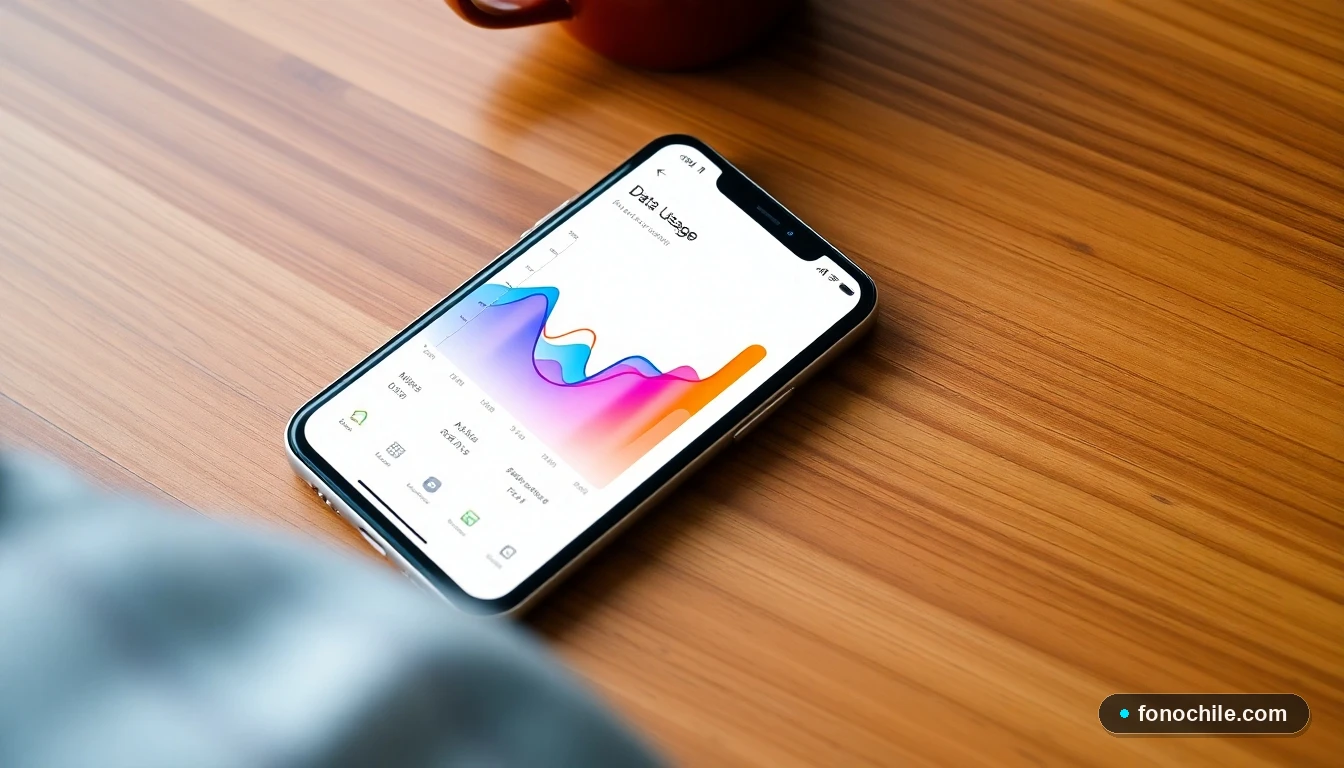 Smartphone mostrando gráficos de consumo de datos en la aplicación de gestión de servicios móviles.