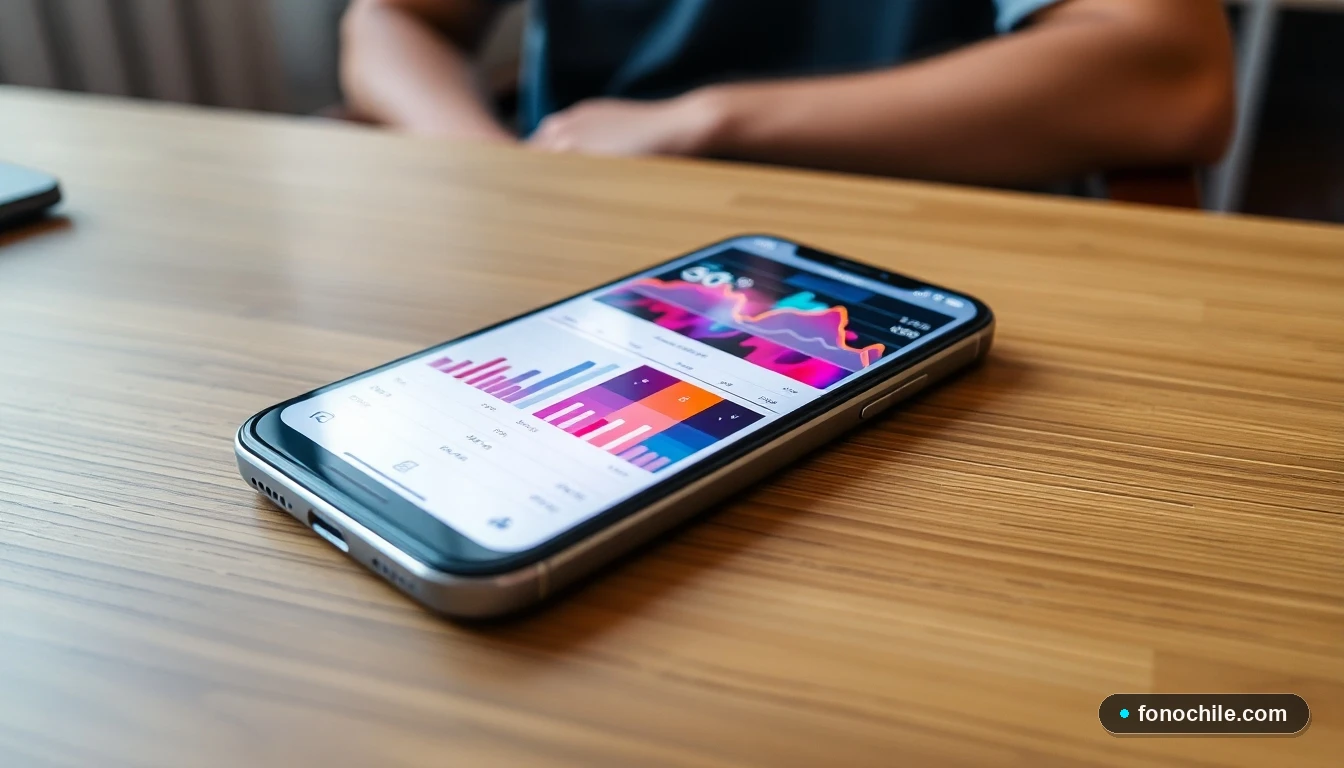Smartphone mostrando gráficos abstractos de datos de rendimiento de una aplicación de telecomunicaciones moderna.