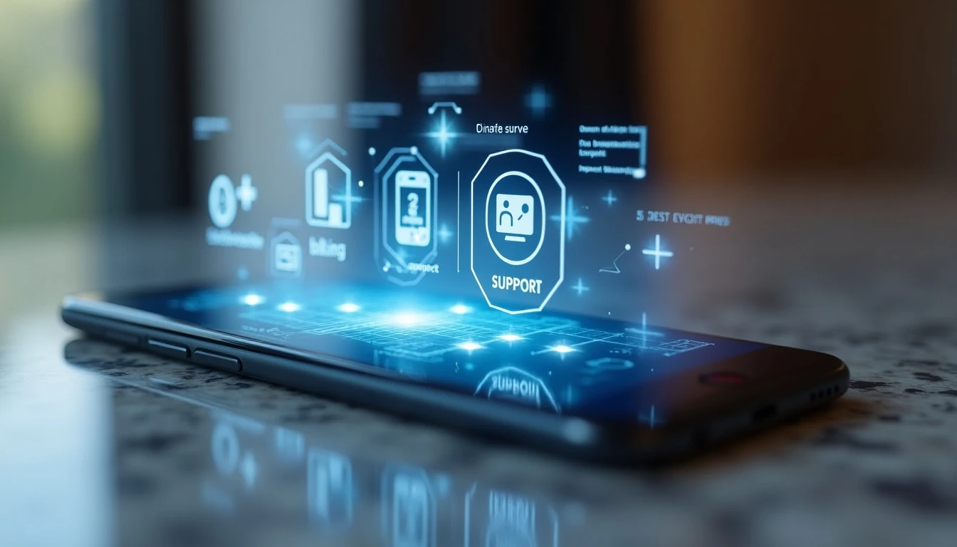 Interfaz futurista de una app de telecomunicaciones chilena mostrando opciones de pago, soporte y control de servicios, sobre una superficie de granito.