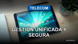 Una aplicación de gestión de telecomunicaciones moderna muestra gráficos abstractos en una tablet sobre un escritorio minimalista.