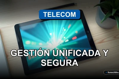 Una aplicación de gestión de telecomunicaciones moderna muestra gráficos abstractos en una tablet sobre un escritorio minimalista.