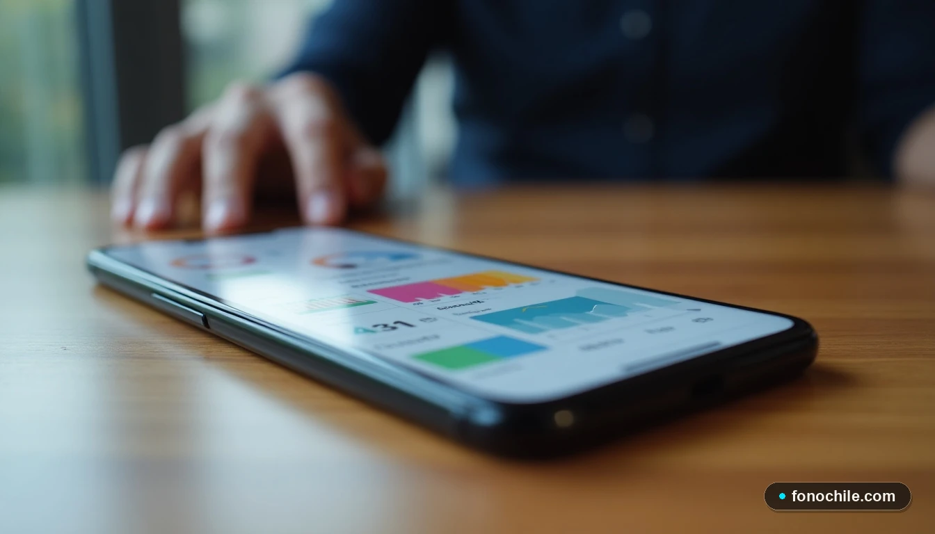 Interfaz moderna de la aplicación App Telecom 2026 mostrando gráficos de gestión y símbolos de seguridad biométrica en un teléfono inteligente.