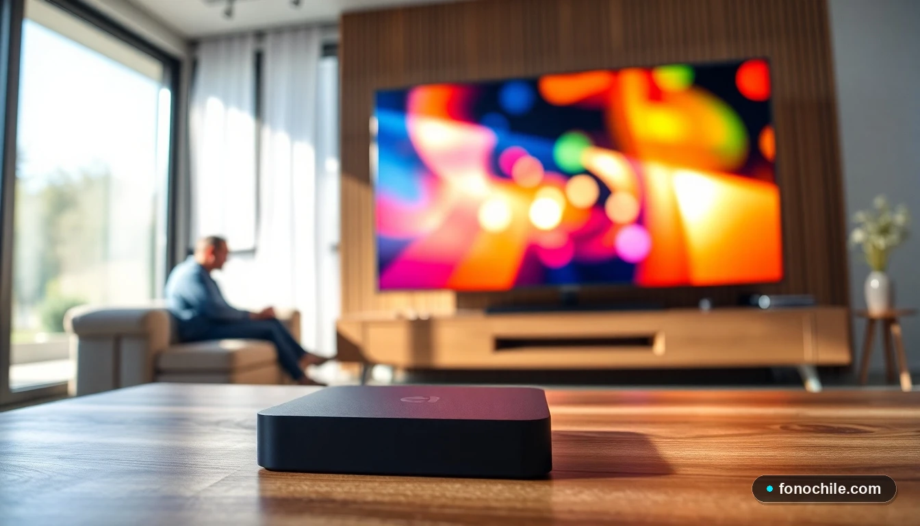 Dispositivo Android TV conectado a una pantalla mostrando una interfaz moderna en un living chileno.