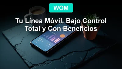 A minimalist flat-lay of a modern smartphone on a dark surface, screen glowing with the WOM 2026 app interface, showing data usage and rewards, next to a stylized plant and coffee cup.