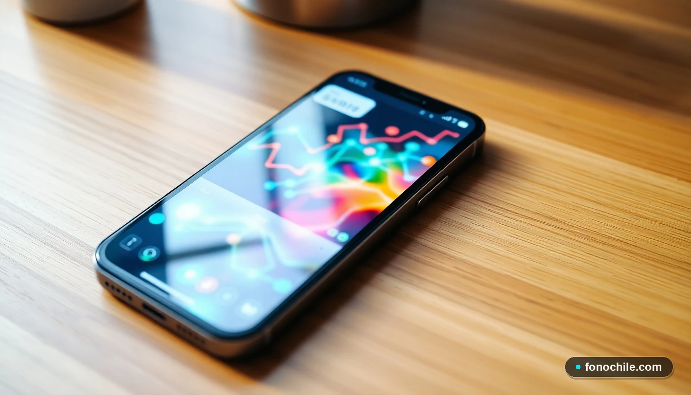 Smartphone mostrando gráficos abstractos de gestión de datos y conexión de red en la aplicación de telecomunicaciones.