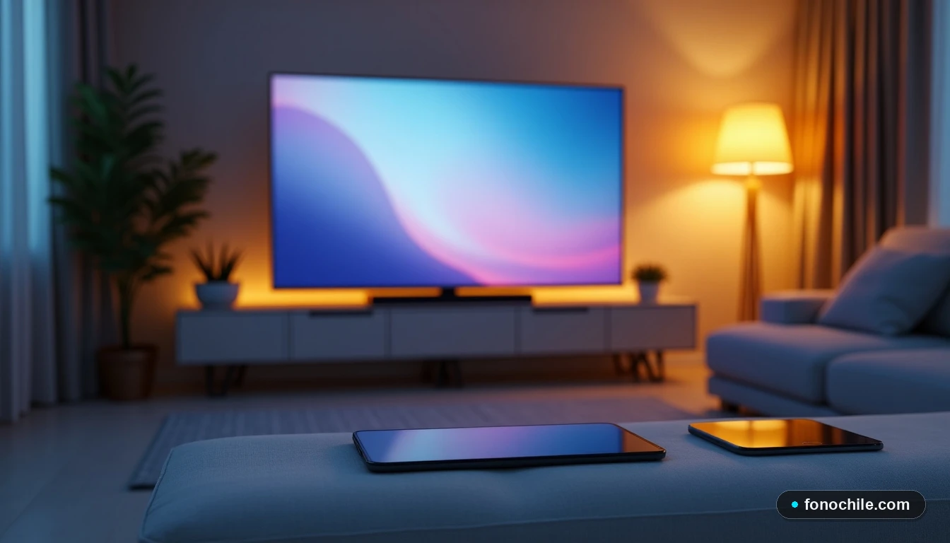 Integración de Apple TV+ en el living moderno - iPhone, iPad y televisor en ambiente contemporáneo