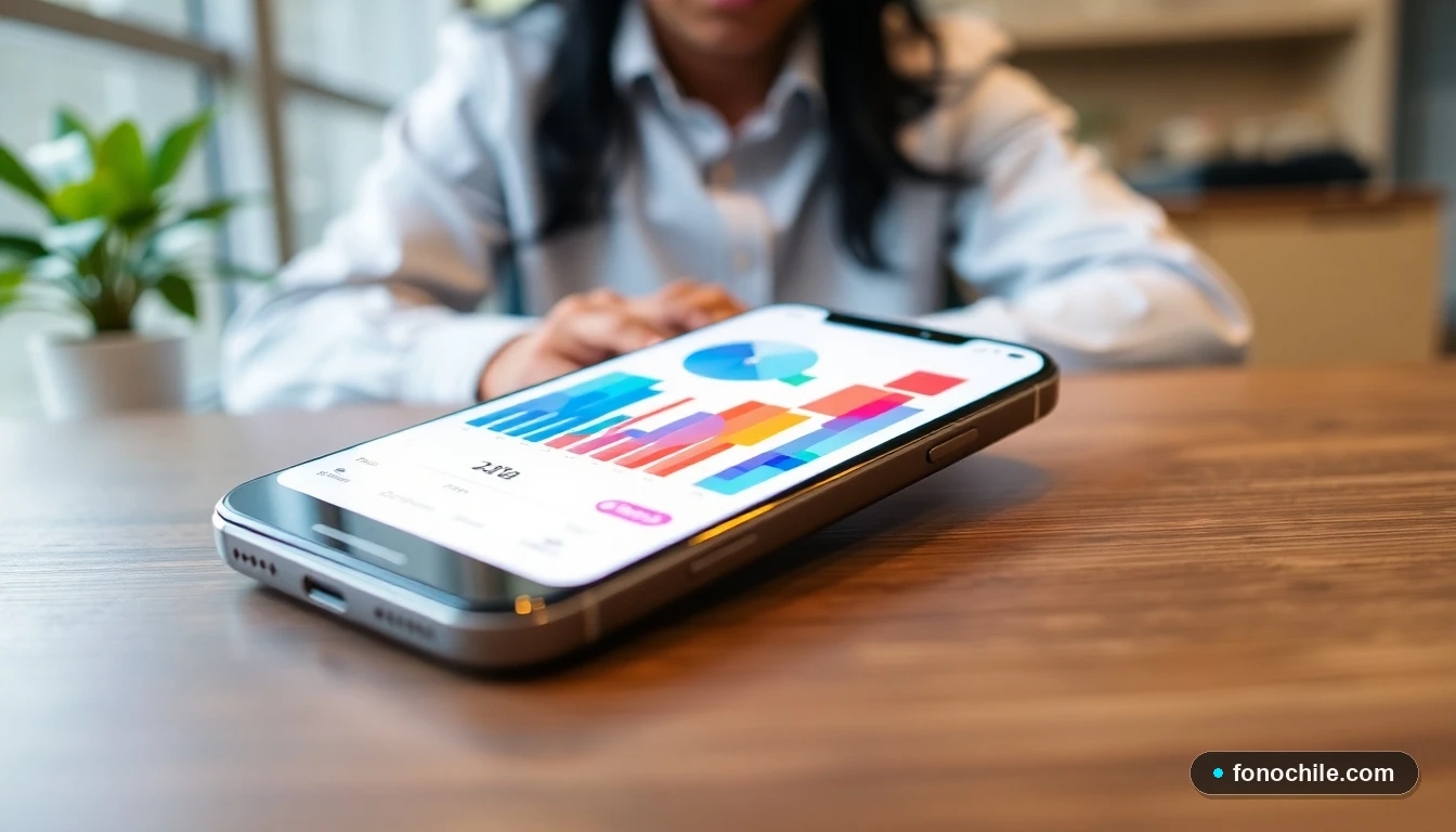 Pantalla de smartphone mostrando gráficos abstractos de consumo de datos móviles en colores vibrantes para representar el ahorro.