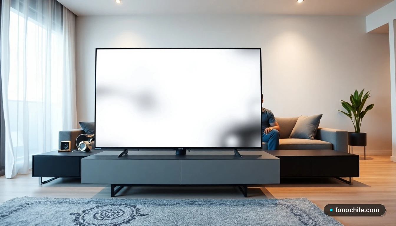 Smart TV moderno en un living chileno mostrando una interfaz de aplicaciones de streaming abstracta.