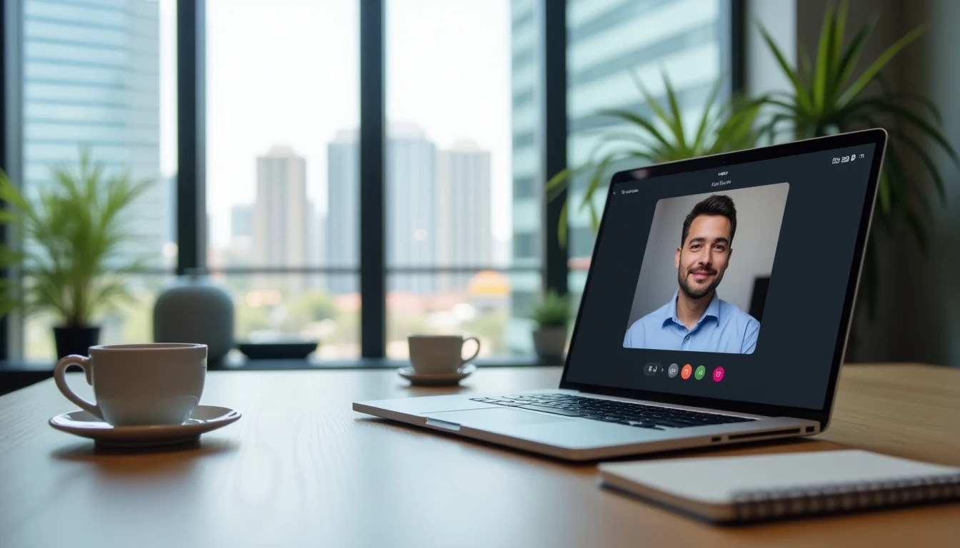 Espacio de trabajo moderno en Santiago con aplicación de telefonía por internet abierta en un portátil, sobre un escritorio de madera.