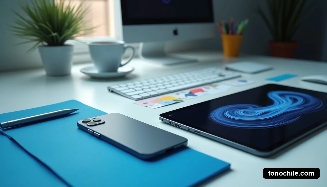 Vista cenital de un escritorio de trabajo con un teléfono inteligente y una tablet mostrando gráficos de red abstractos, representando la productividad de las sucursales virtuales.