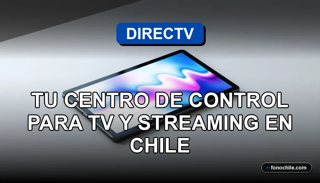 Aplicación DIRECTV 2026 en tablet sobre escritorio moderno, mostrando gráficos abstractos de colores, concepto de control de TV y streaming.