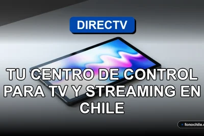 Aplicación DIRECTV 2026 en tablet sobre escritorio moderno, mostrando gráficos abstractos de colores, concepto de control de TV y streaming.