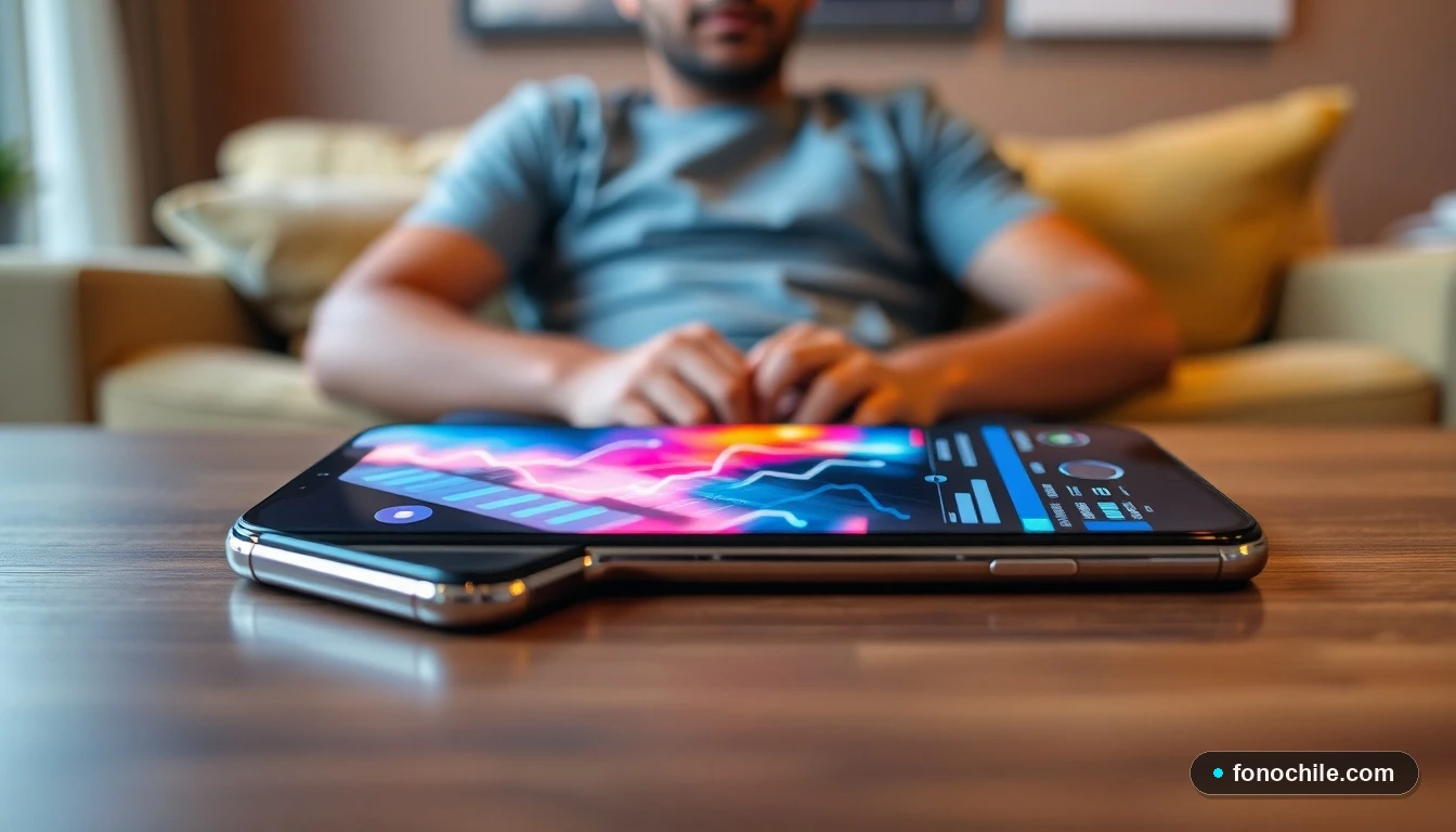 Smartphone mostrando gráficos de uso de aplicaciones de entretenimiento en un hogar moderno en Chile.