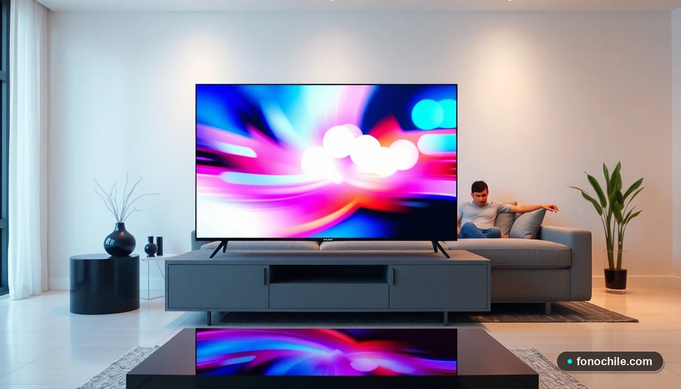 Interfaz moderna de una aplicación de TV en una pantalla inteligente dentro de un living chileno contemporáneo.