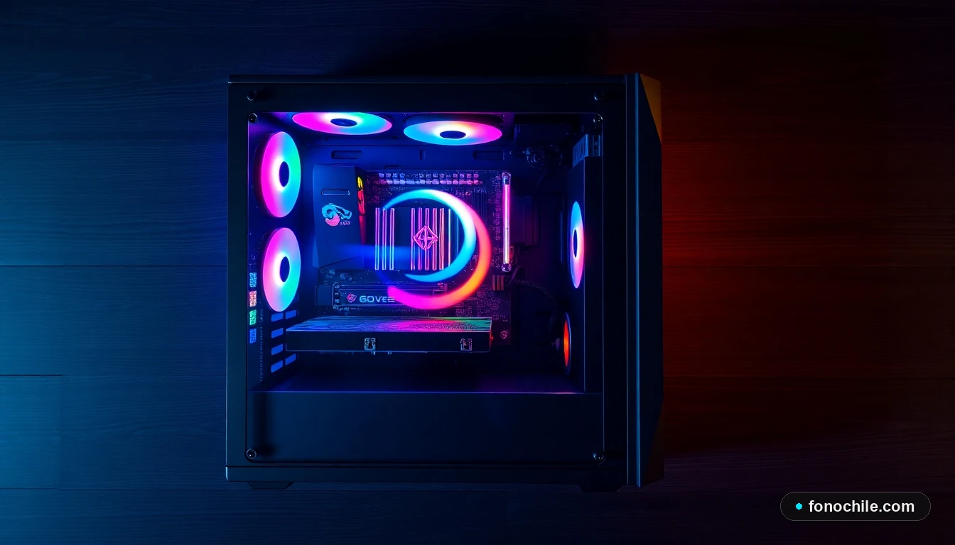 Interior de un PC Gamer con iluminación RGB mostrando componentes clave como tarjeta gráfica y placa madre.