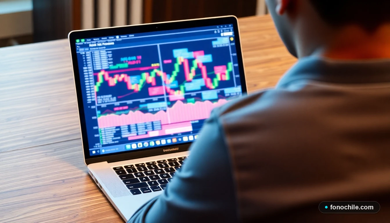 Profesional hispano revisando gráficos financieros abstractos en pantalla de computador portátil