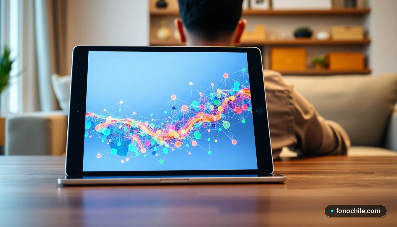 Gráfico abstracto de diagnóstico de red en una tablet sobre una mesa, representando solución de problemas técnicos.