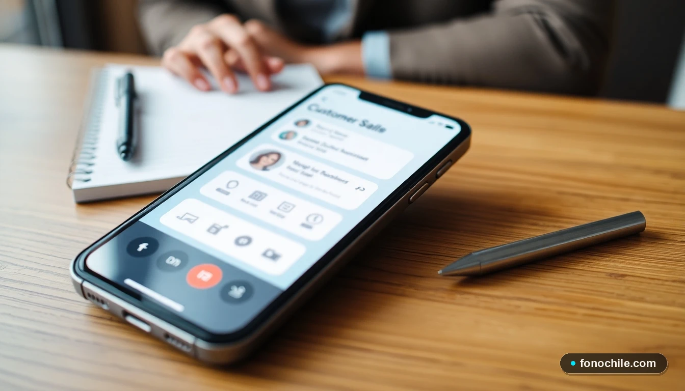 Dispositivo móvil mostrando una interfaz genérica de atención al cliente en línea, sobre una mesa de trabajo.